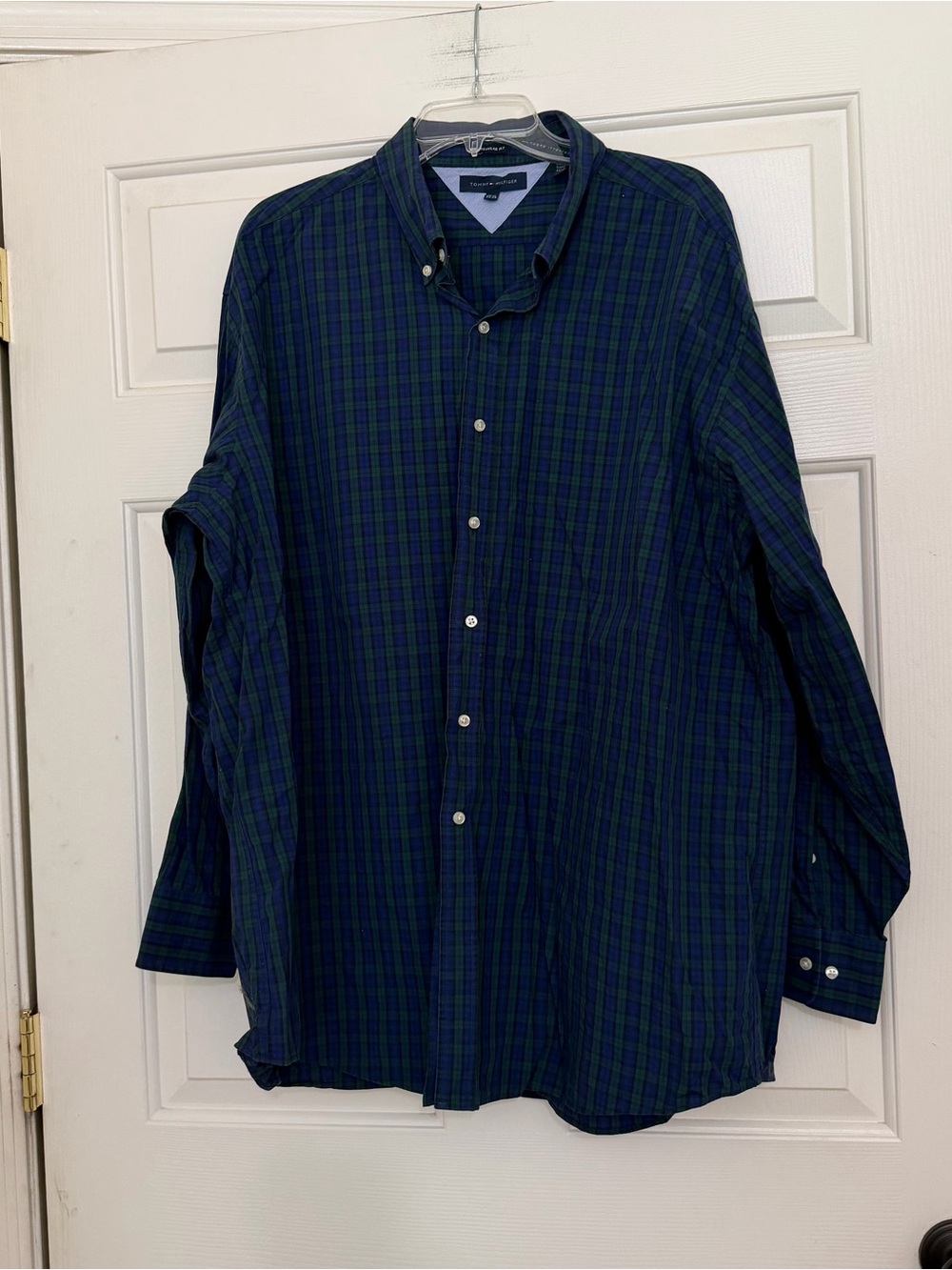 Tommy Hilfiger Blue & Green Plaid Men’s Button Down Shirt Size 18.5 34-35 XL XXL
